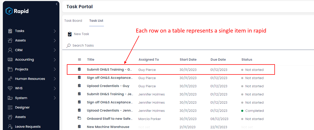 A single item highlighted on a Rapid table